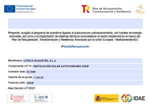 Citrics Roquetes beneficiaria de subvención de 2 IDAE para placas solares